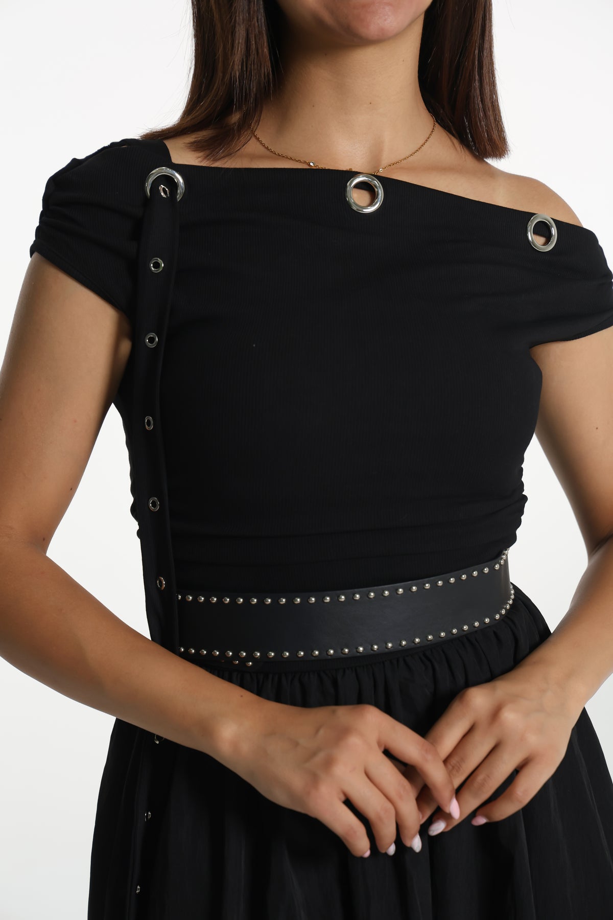 Belted off-shoulder dress- فستان مع حزام