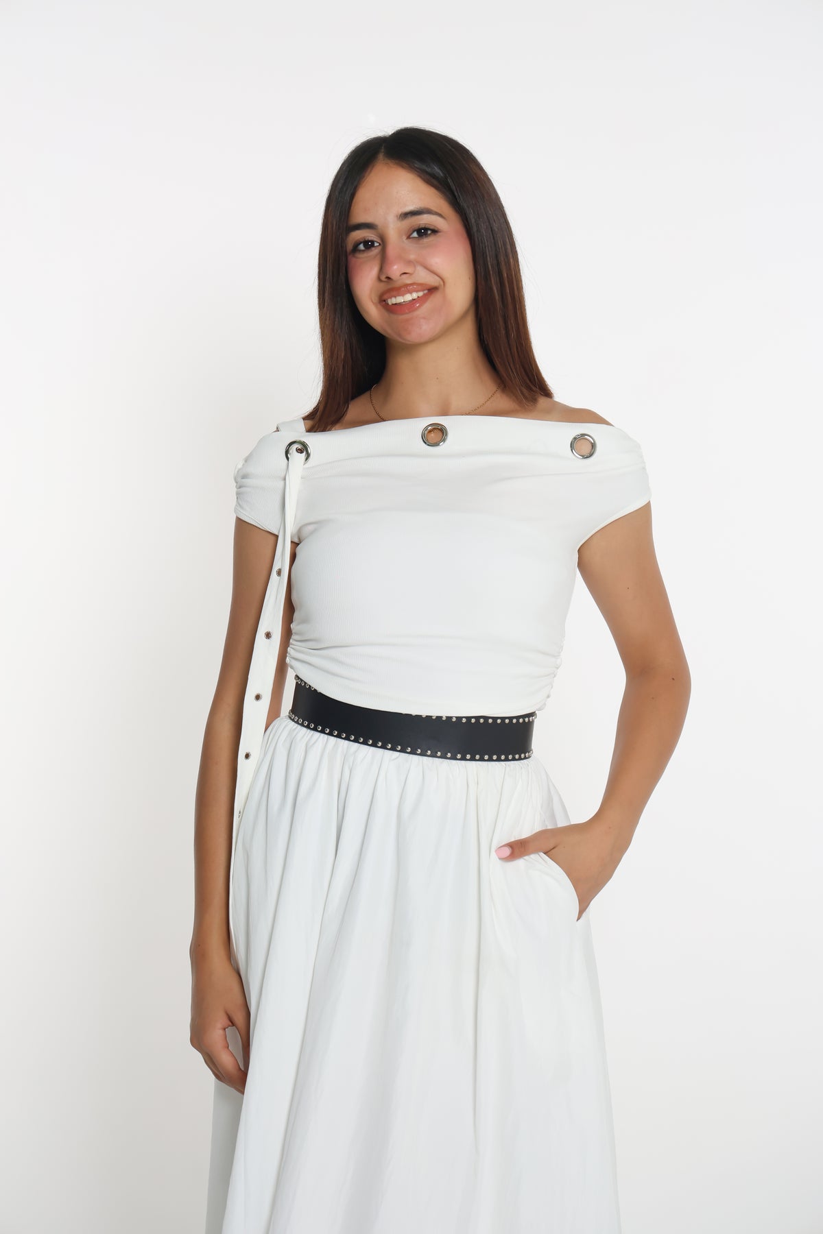 Belted off-shoulder dress- فستان مع حزام