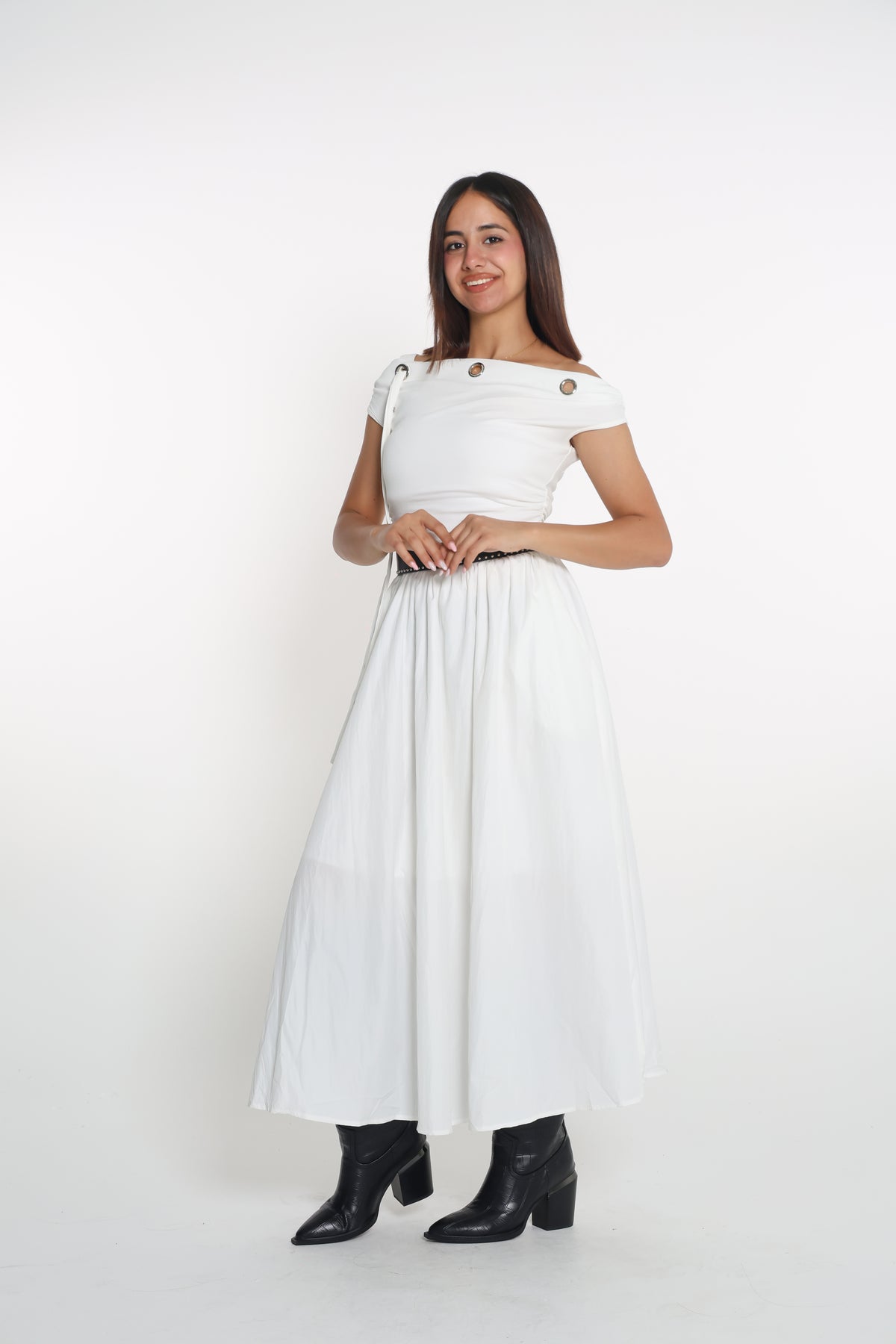 Belted off-shoulder dress- فستان مع حزام
