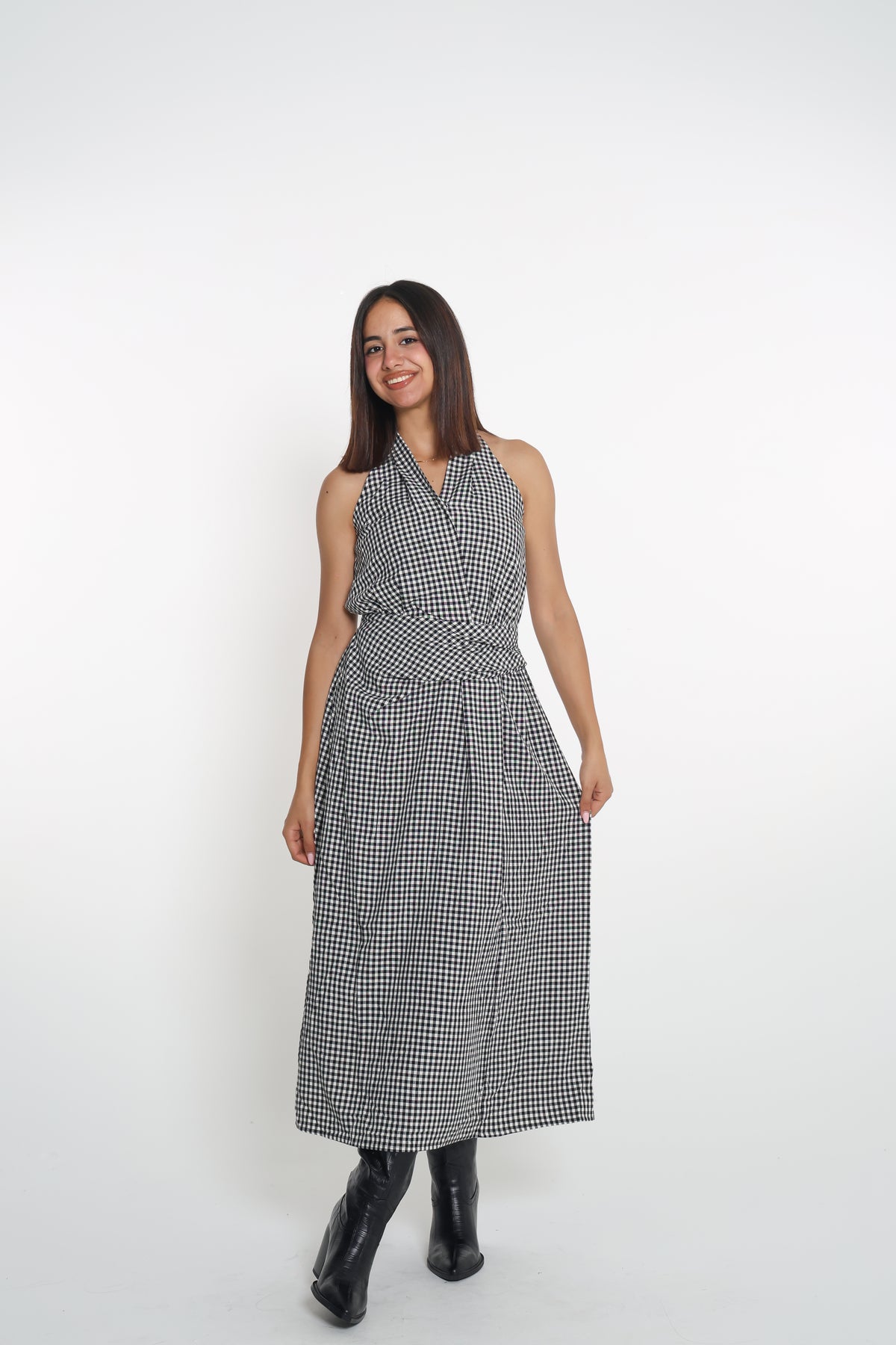 Gingham midi dress- فستان مقلّم