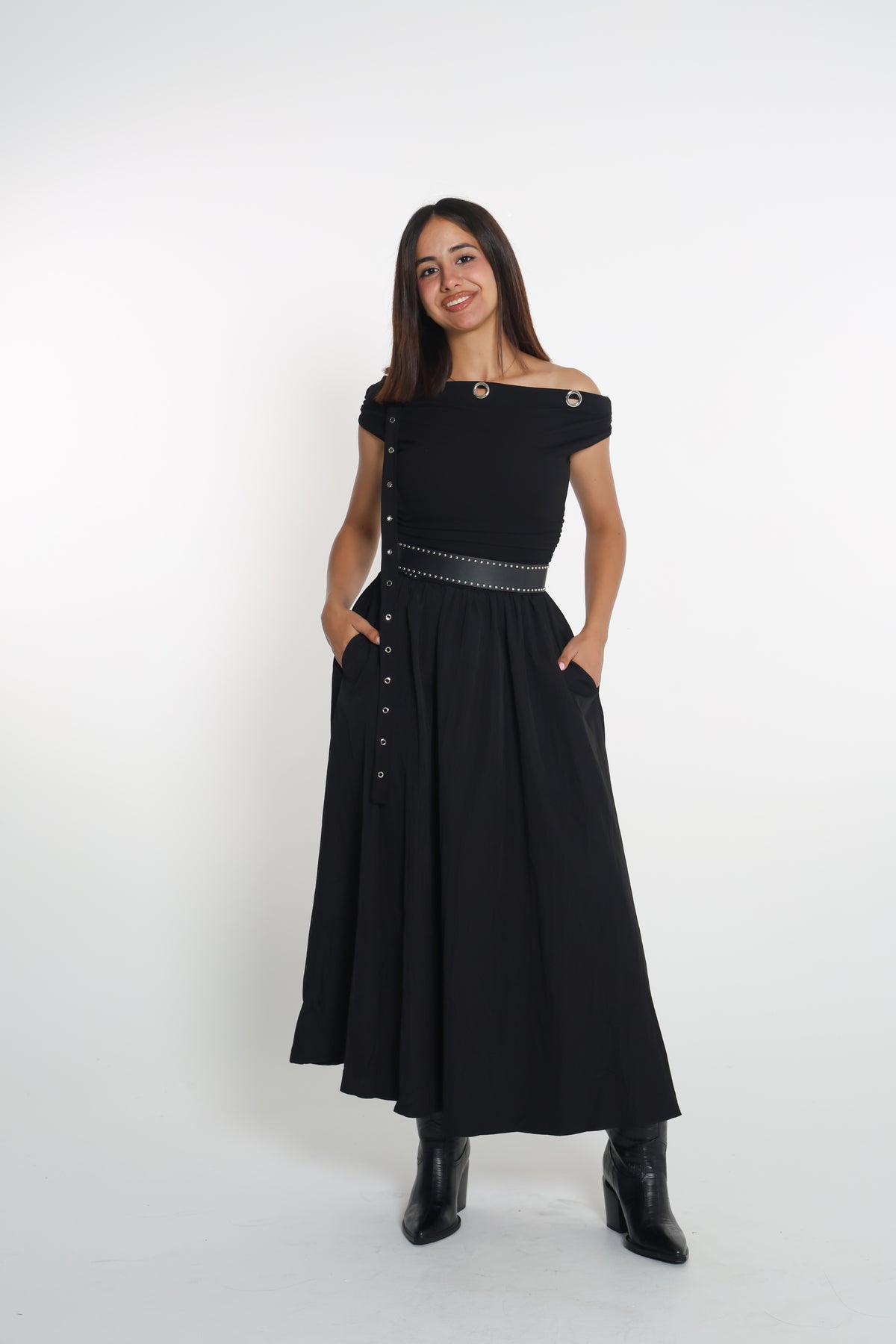 Belted off-shoulder dress- فستان مع حزام