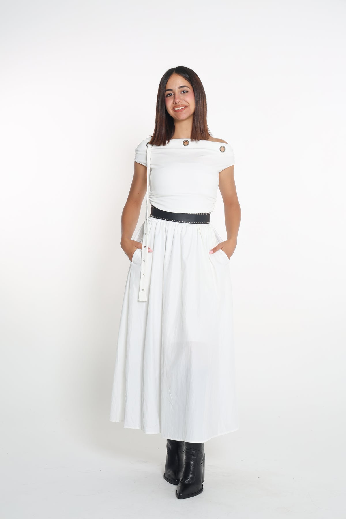 Belted off-shoulder dress- فستان مع حزام
