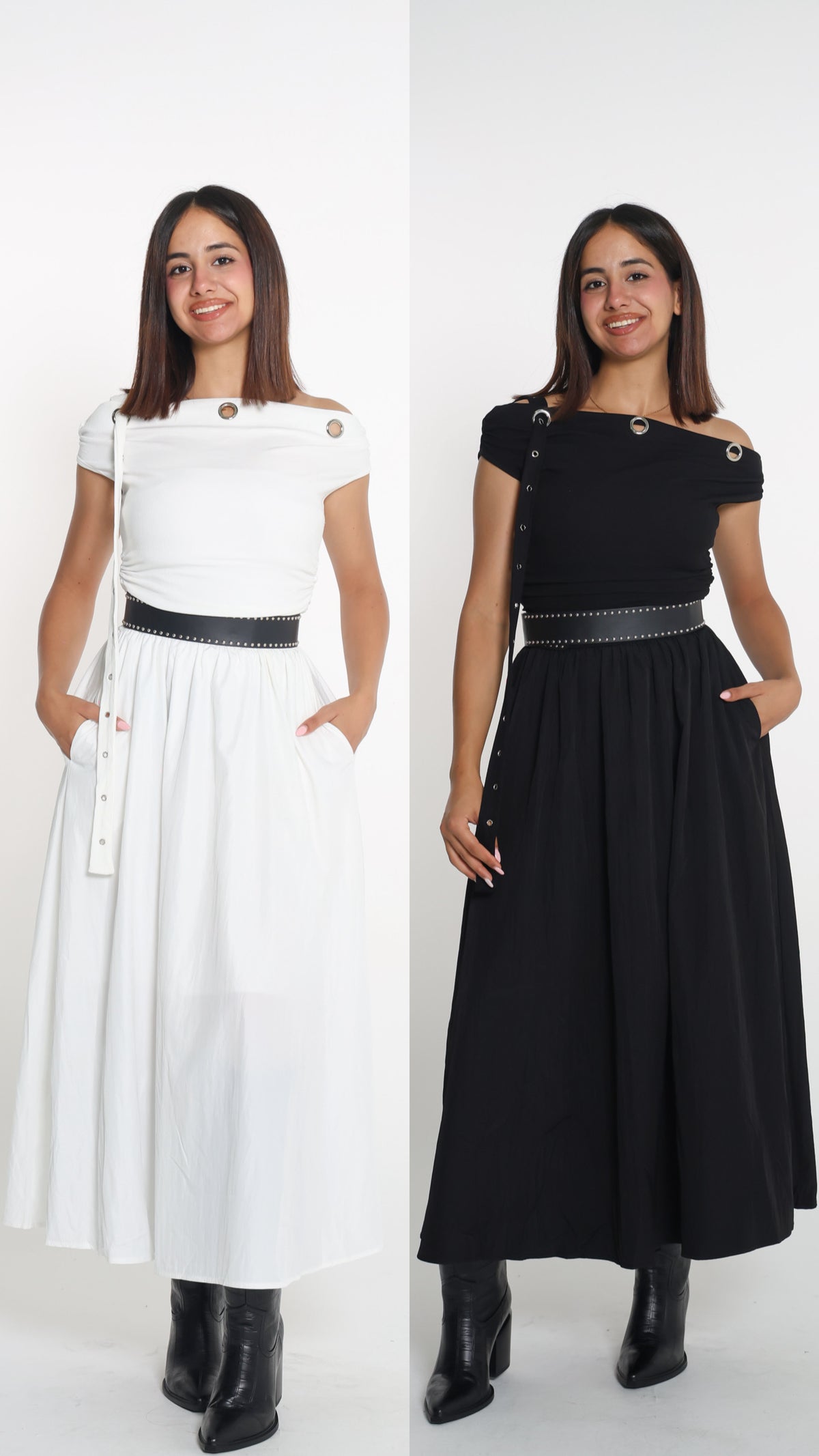 Belted off-shoulder dress- فستان مع حزام