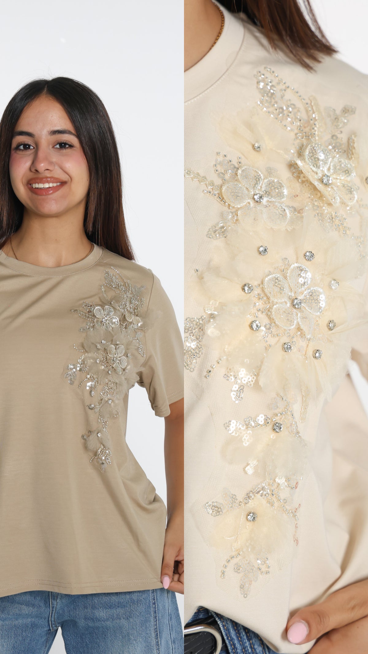 بلوزة مزيّنة بالورد والخرز- beaded flower shirt