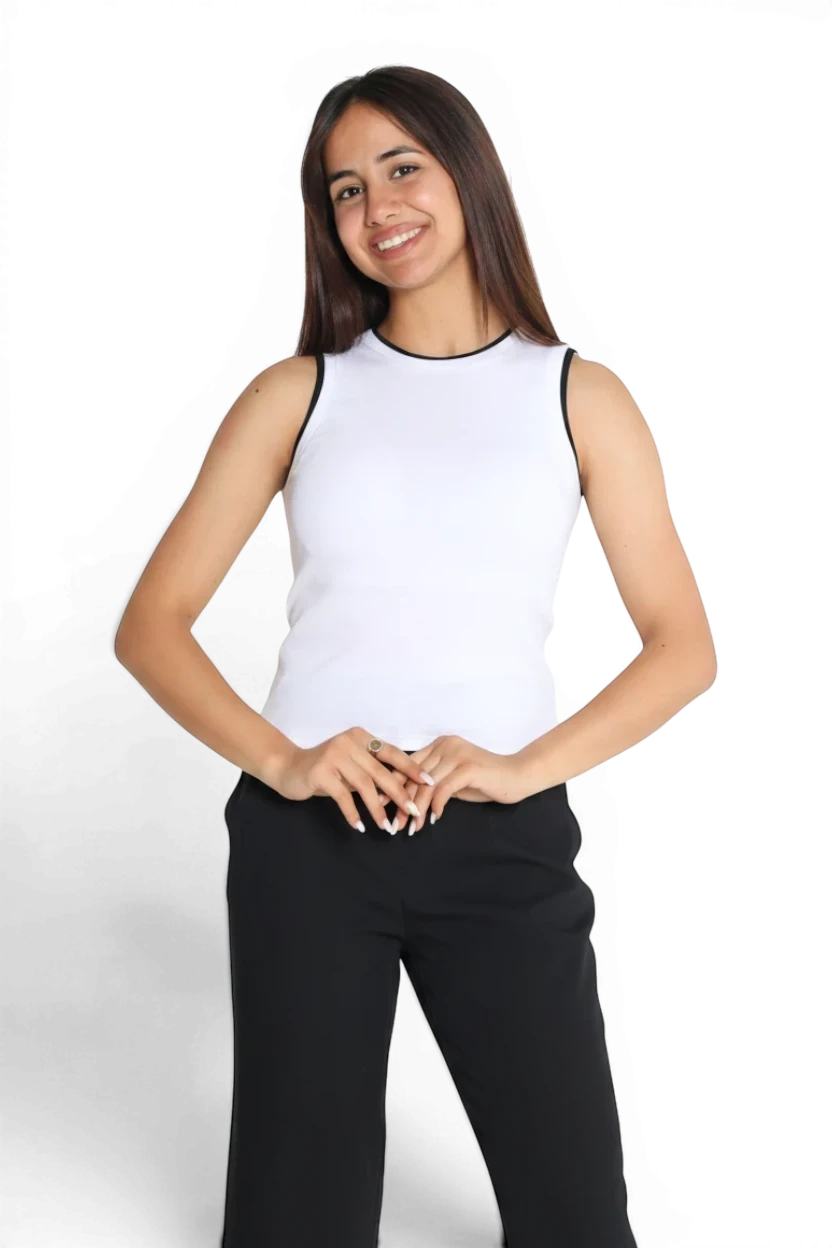 Meraki Closet PS white sleeveless contour tank top with black trim worn by a smiling model against a white background