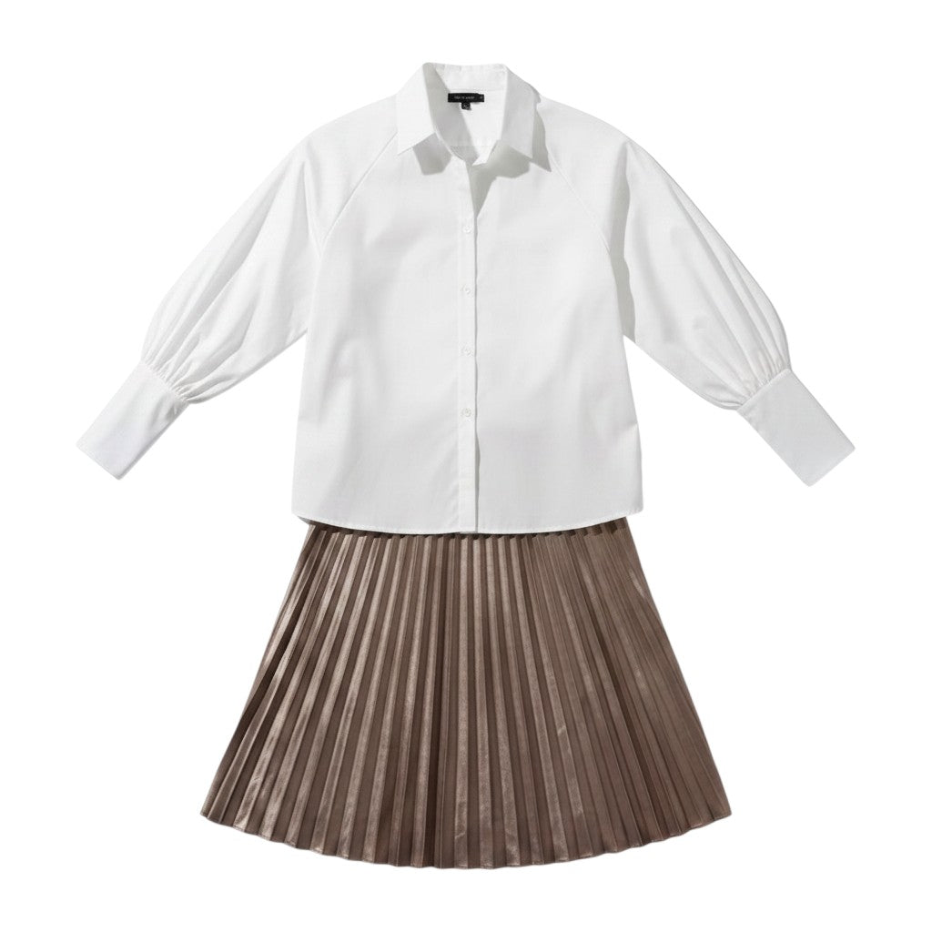 Meraki Closet PS white button-up shirt with voluminous sleeves paired with a metallic bronze pleated midi skirt